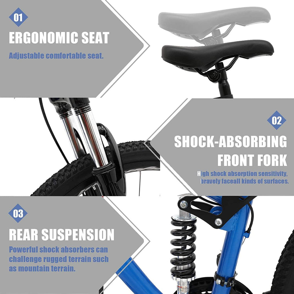 hosote 26 Inch Mountain Bike, Full Suspension 21 Speed High-Tensile Carbon Steel Frame MTB with Dual Disc Brake for Men and Women