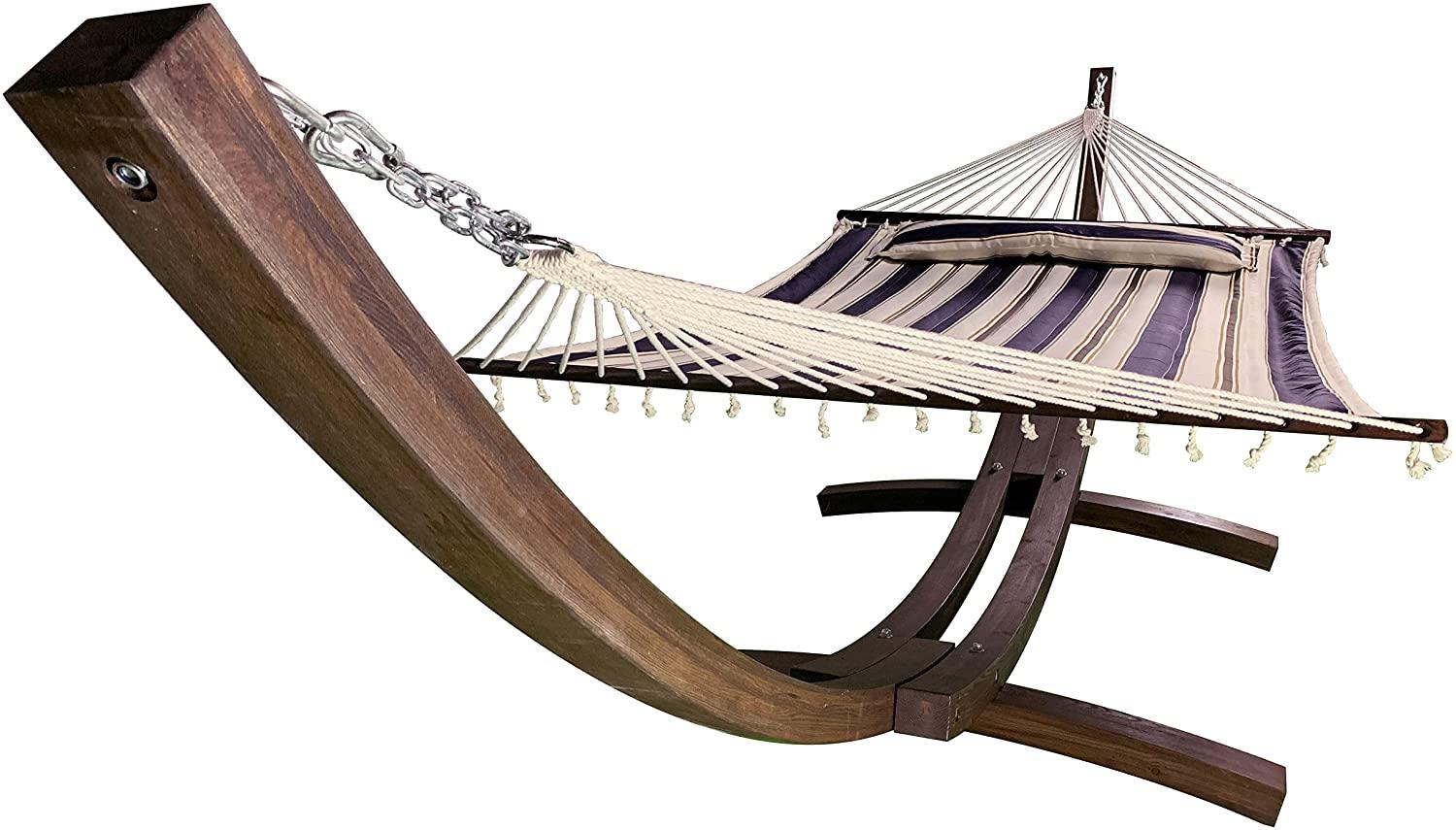 petra leisure 14 ft. wooden arc hammock stand + deluxe quilted double padded hammock bed w/pillow. 2 person bed. 450 lb capacity(coffee stain/elegant blue stripe)
