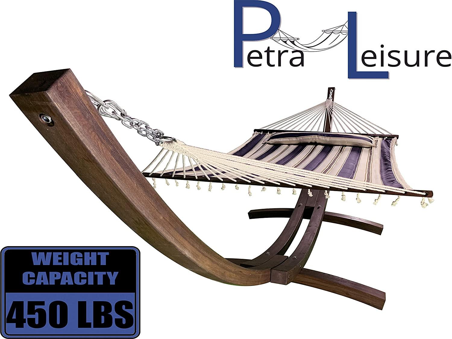 petra leisure 14 ft. wooden arc hammock stand + deluxe quilted double padded hammock bed w/pillow. 2 person bed. 450 lb capacity(coffee stain/elegant blue stripe)