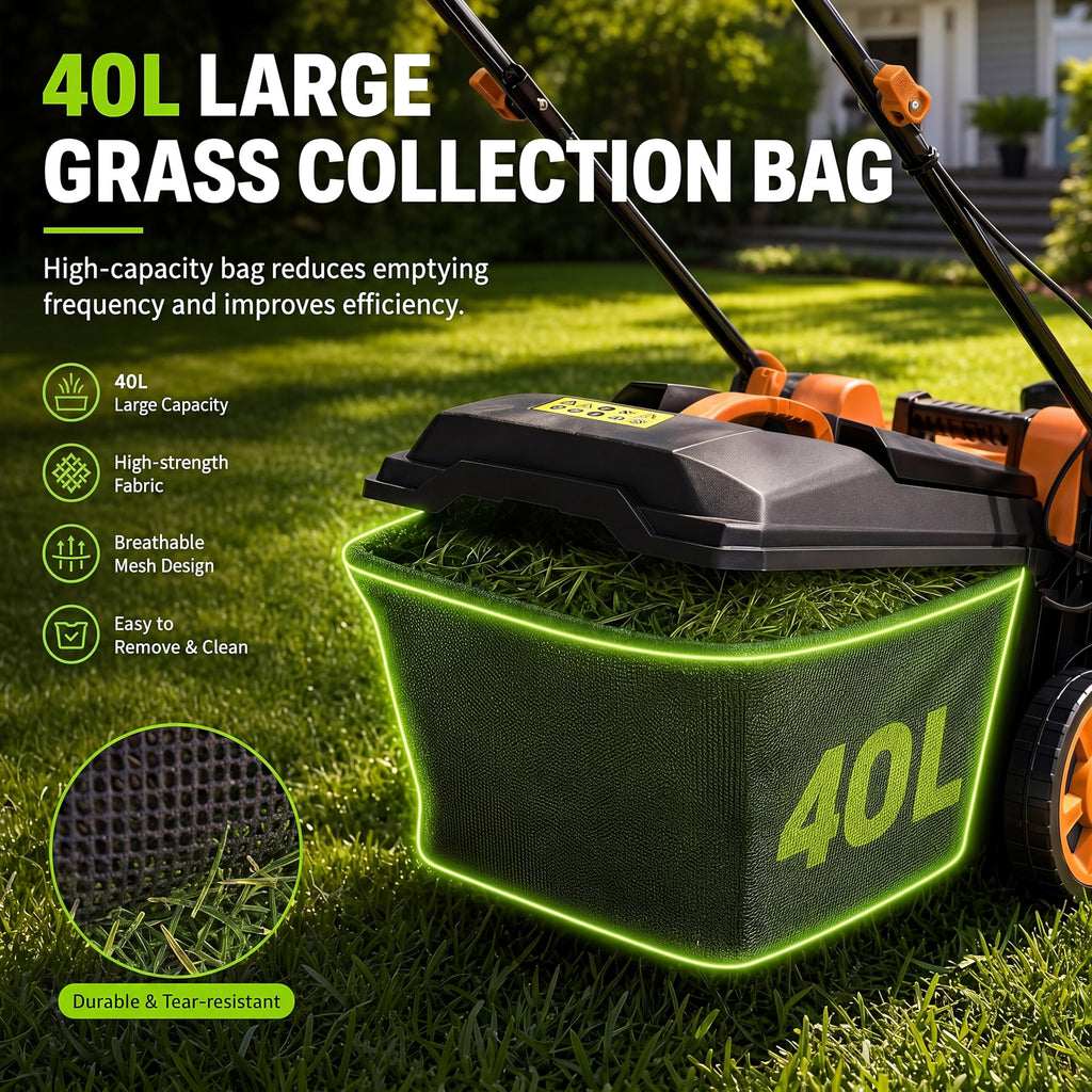 Cordless Lawn Mower, 17-Inch Battery Powered Electric Push Mower, 2-in-1 Mulching &amp; Bagging, 6 Cutting Heights, 40L Grass Bag, Lightweight Walk-Behind Mower for Small to Medium Yards, Orange