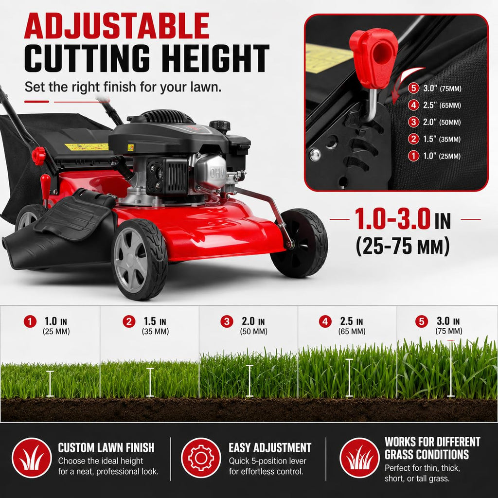 3 in 1 Self Propelled Gas Lawn Mower, 131cc 4-Stroke Engine with 50L Grass Bag &amp; Big Wheels, 3-in-1 Mulching/Side Discharge/Rear Bag, Push Button Start for Medium to LarLawns Red