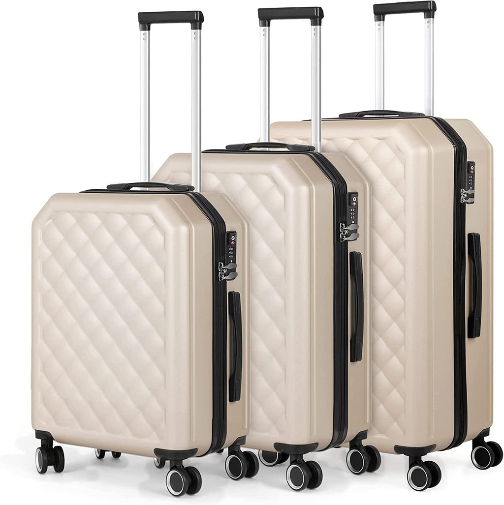 Luggage 3 Piece Sets with Spinner Wheels, ABS Hardside Durable Suitcase Carry On, TSA Lock (20/24/28 inch),Elegant Beige