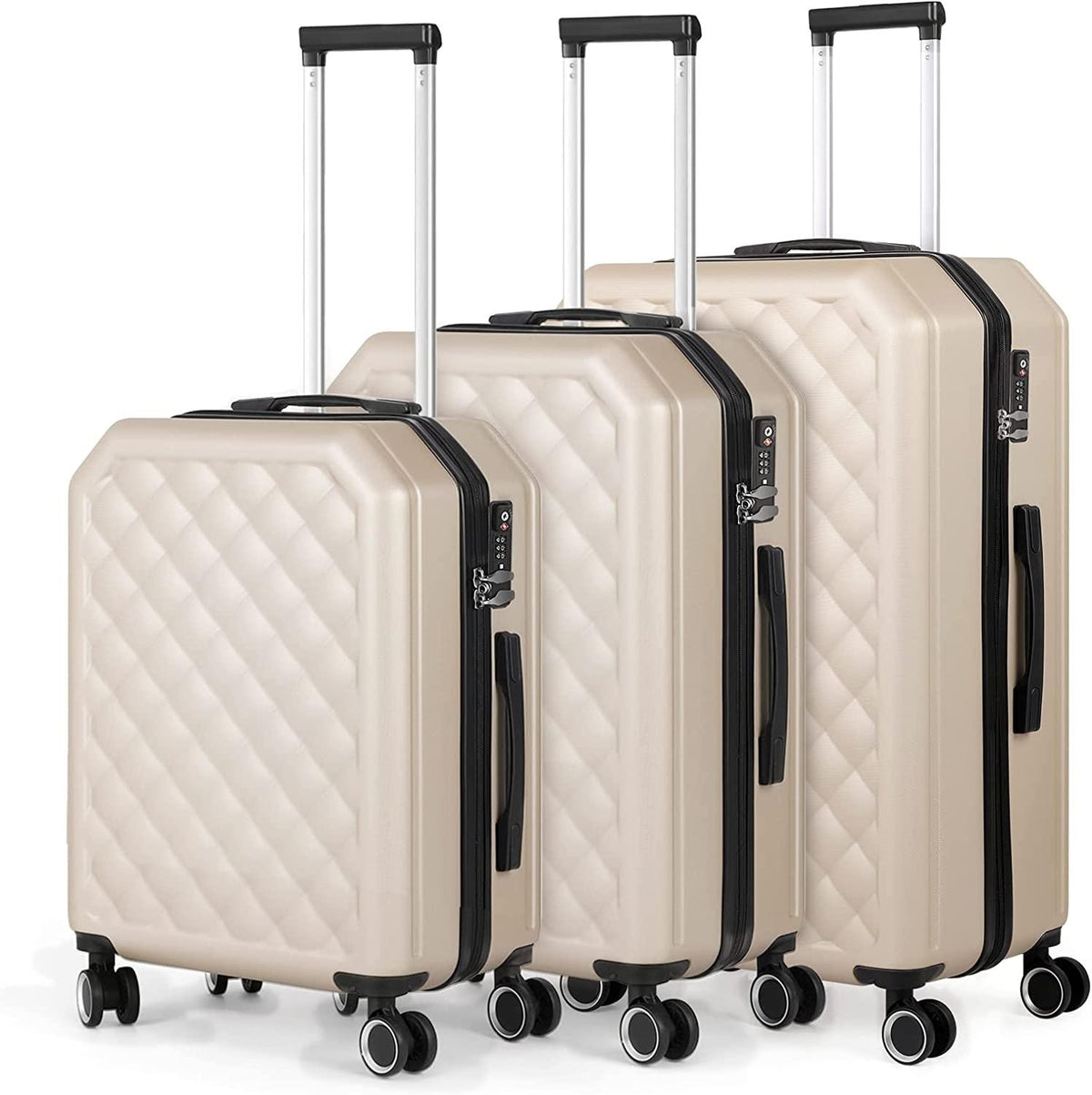 Luggage 3 Piece Sets with Spinner Wheels, ABS Hardside Durable Suitcase Carry On, TSA Lock (20/24/28 inch),Elegant Beige
