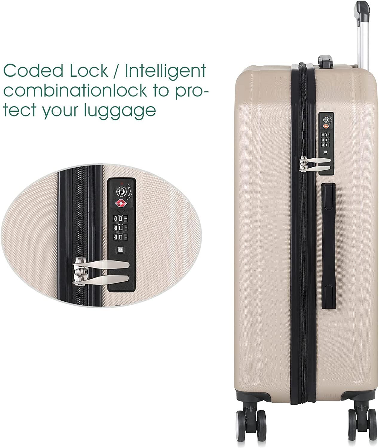Luggage 3 Piece Sets with Spinner Wheels, ABS Hardside Durable Suitcase Carry On, TSA Lock (20/24/28 inch),Elegant Beige