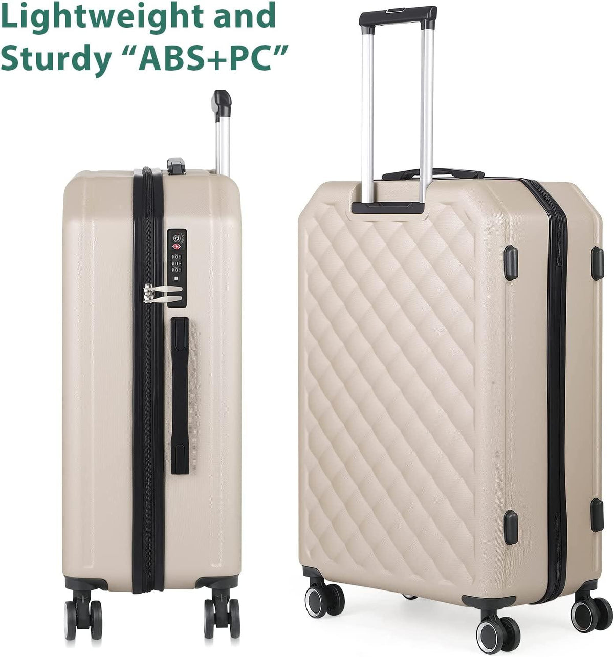 Luggage 3 Piece Sets with Spinner Wheels, ABS Hardside Durable Suitcase Carry On, TSA Lock (20/24/28 inch),Elegant Beige