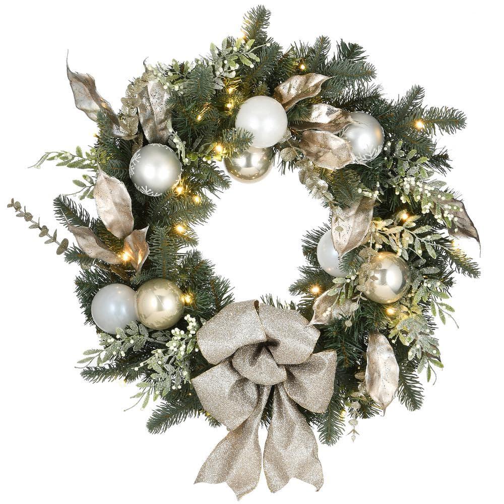 24 in. Pre-Lit Yuletide Glam Decorated Artificial Christmas Wreath with Bow, 50 LED Lights