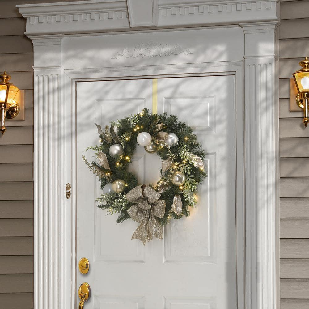 24 in. Pre-Lit Yuletide Glam Decorated Artificial Christmas Wreath with Bow, 50 LED Lights