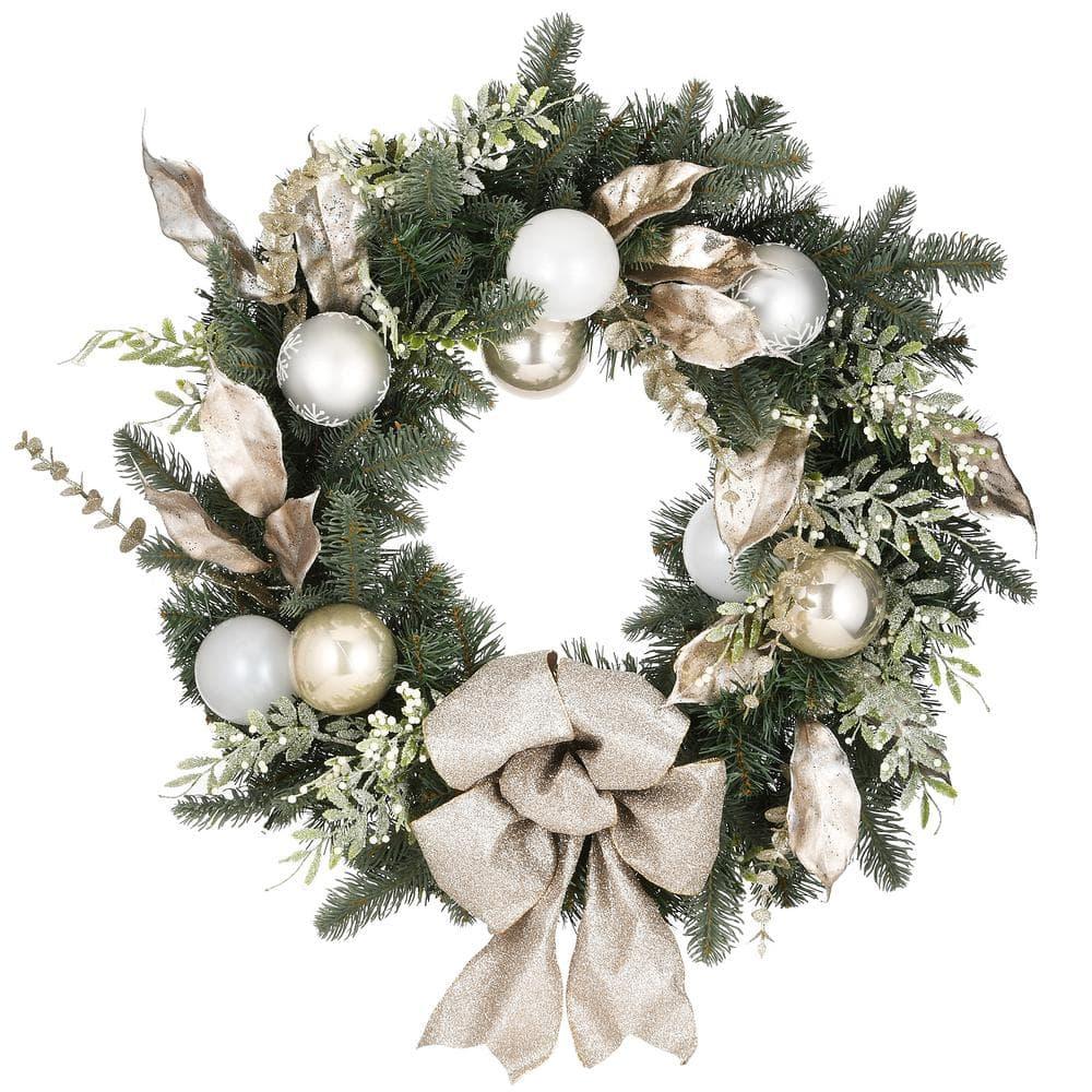 24 in. Pre-Lit Yuletide Glam Decorated Artificial Christmas Wreath with Bow, 50 LED Lights