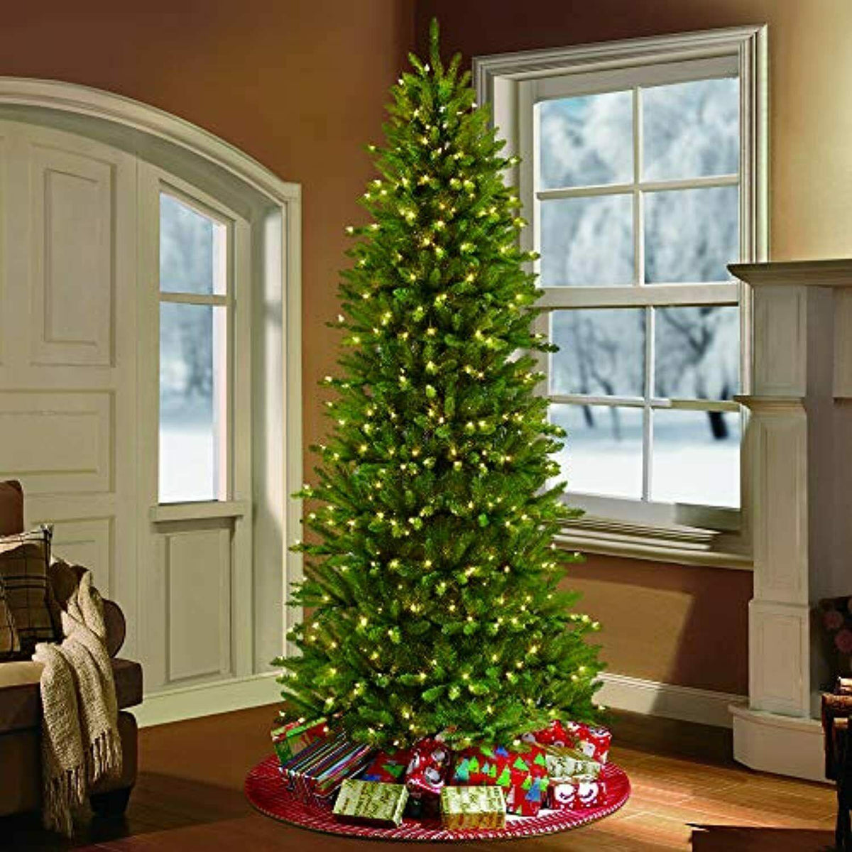 Puleo International 7.5 Foot Pre-Lit Slim Fraser Fir Artificial Christmas Tree