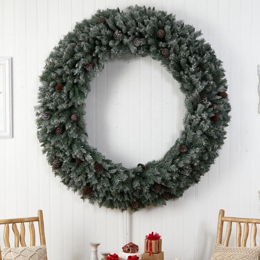 72 in. Pre-Lit LED Giant Flocked Artificial Christmas Wreath with Pinecones, 600 Clear LED Lights