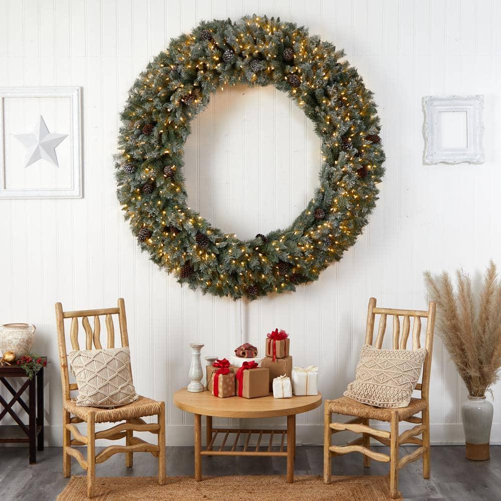 72 in. Pre-Lit LED Giant Flocked Artificial Christmas Wreath with Pinecones, 600 Clear LED Lights