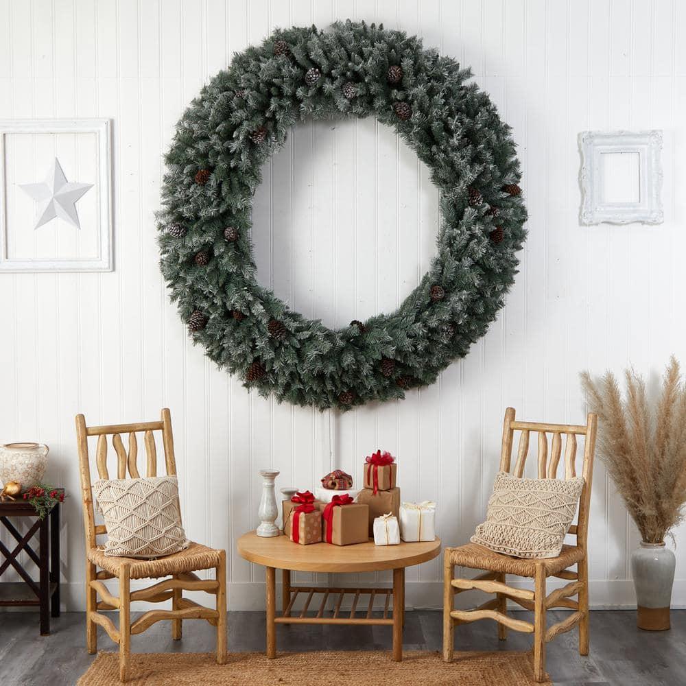 72 in. Pre-Lit LED Giant Flocked Artificial Christmas Wreath with Pinecones, 600 Clear LED Lights