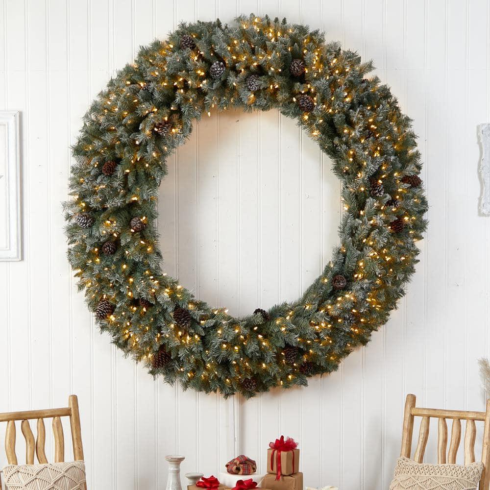 72 in. Pre-Lit LED Giant Flocked Artificial Christmas Wreath with Pinecones, 600 Clear LED Lights