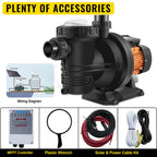 vevor 72v solar powered pool pump 1.6hp 136 gpm water pump w/ mppt controller