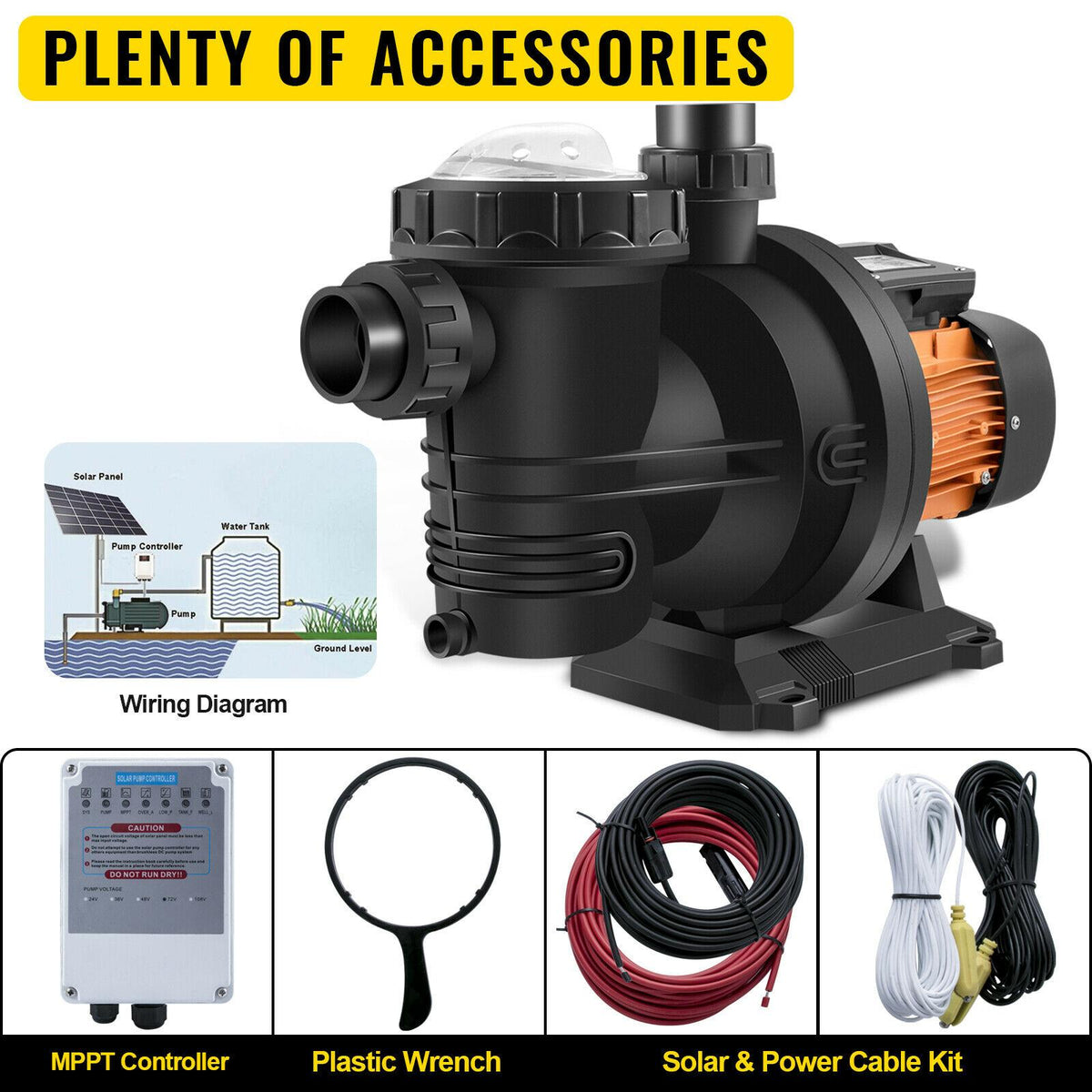 vevor 72v solar powered pool pump 1.6hp 136 gpm water pump w/ mppt controller