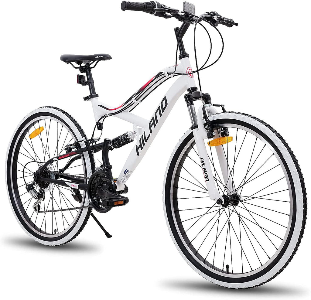 Hiland 26 Inch Mountain Bike MTB Bicycle Full-Suspension 18/21 Speeds Drivetrain Cycling Urban Commuter City Bicycle 3 Colors