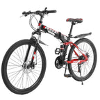 HTNBO 26 Inch Full Suspension Mountain Bike 21 Speed Folding Bike Non-Slip Red Bicyle