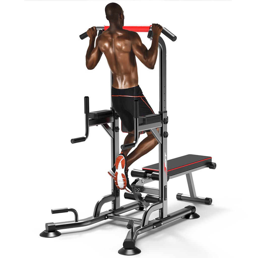 Power Tower Dip Station Pull Up Bar Strength Training With Dumbbell Bench