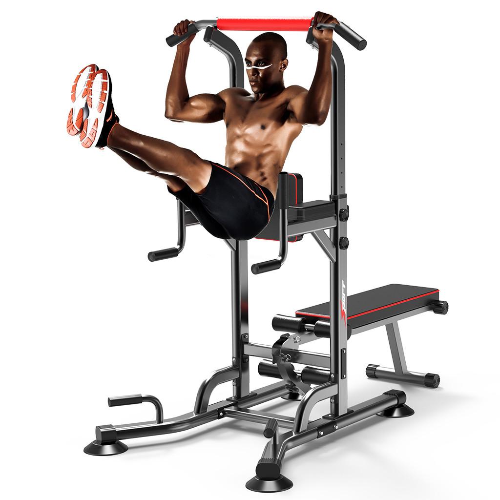 Power Tower Dip Station Pull Up Bar Strength Training With Dumbbell Bench