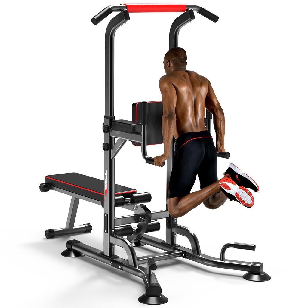 ESULOMP Power Tower Dip Station Pull Up Bar Strength Training With Dumbbell Bench