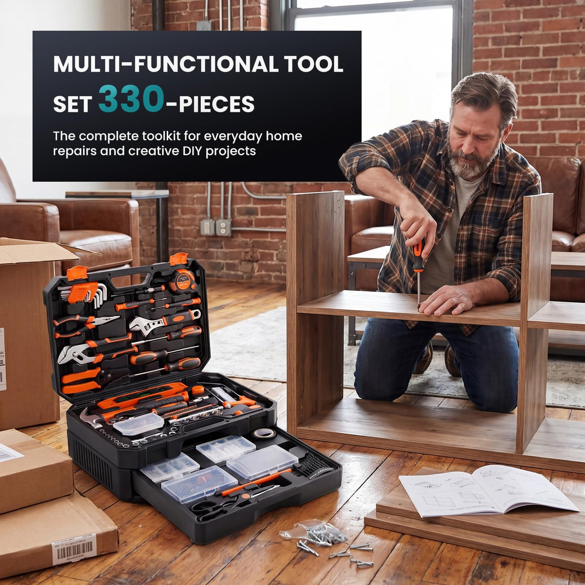 330-Piece Complete Homeowners Tool Box Set with Pull-Out Drawer | Durable Tool Kit, Versatile Home Repair Tool Kit for Auto & Household, DIY Projects