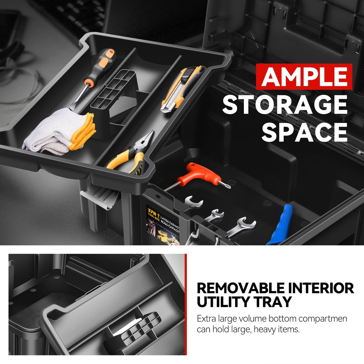 2Pcs Universal Lockable Organizer StoraTool Boxes with Removable Tray For GaraWorkshop and Household, High Capacity, Black/Red