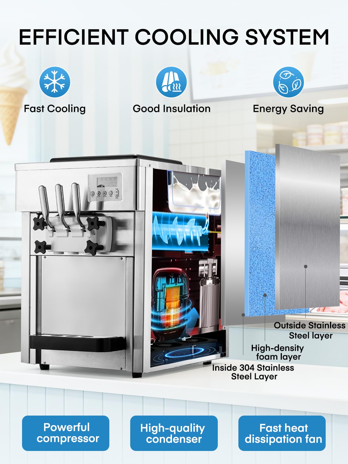 Commercial Ice Cream Machine 5.3-7.4 Gal/H, 3 Flavors Countertop Soft Serve Ice Cream Machine with 8L Hopper, Auto Clean Ice Cream Maker With Pre-Cooling for Snack Restaurants Bars, 1800W