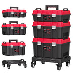 3-in-1 Rolling Tool Box with Wheels,Stackable Modular Tool Organizer System,17" Portable Waterproof Toolbox on Wheels for Garage,Mechanics and Home Repair (Red-Black)