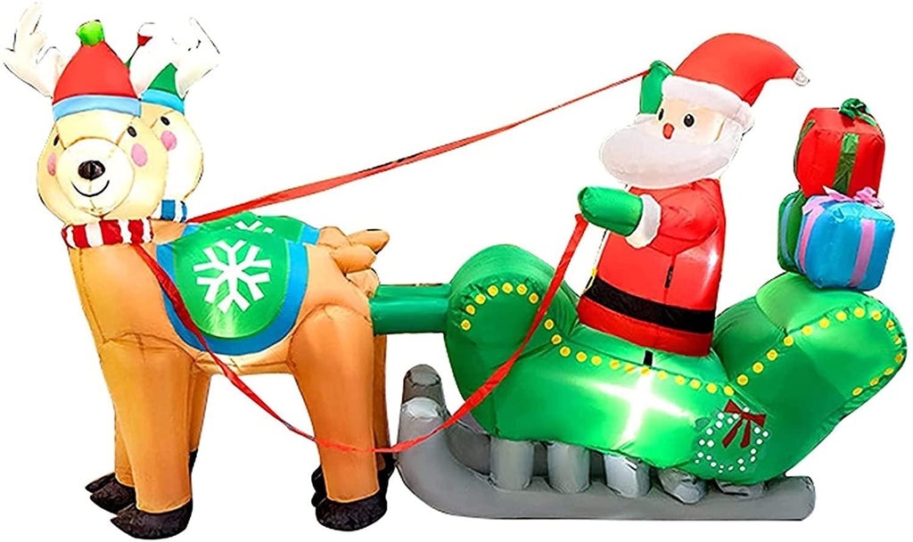 Taek-cheon 2 Moose, Santa Claus, Horse-Drawn Carriage, LED Light, Christmas Inflatable Decorations, Holiday Party Xmas Yard Garden Ground Fork Transformer Rope  Air Blown