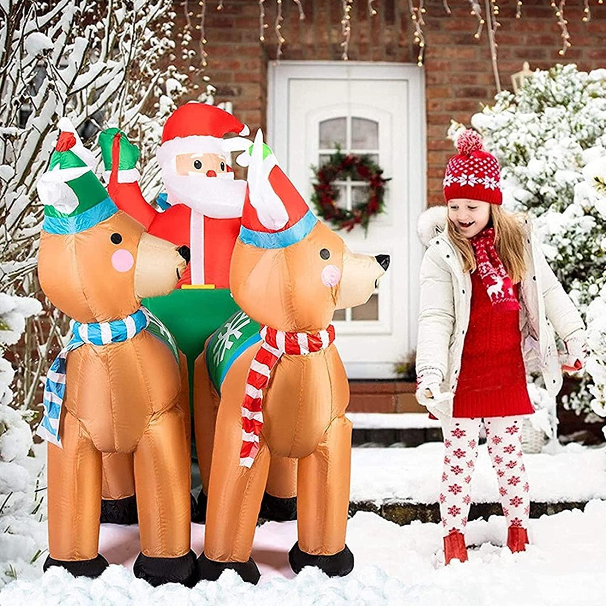 Taek-cheon 2 Moose, Santa Claus, Horse-Drawn Carriage, LED Light, Christmas Inflatable Decorations, Holiday Party Xmas Yard Garden Ground Fork Transformer Rope  Air Blown
