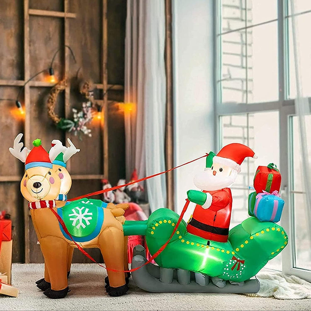 Taek-cheon 2 Moose, Santa Claus, Horse-Drawn Carriage, LED Light, Christmas Inflatable Decorations, Holiday Party Xmas Yard Garden Ground Fork Transformer Rope  Air Blown