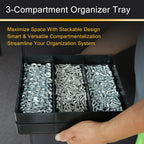 3-Compartment Tool Organizer Tray(1, Black) | Stackable , Heavy Duty, Drawer Organizer Tray, Non-Slip Base, Storaand Organization
