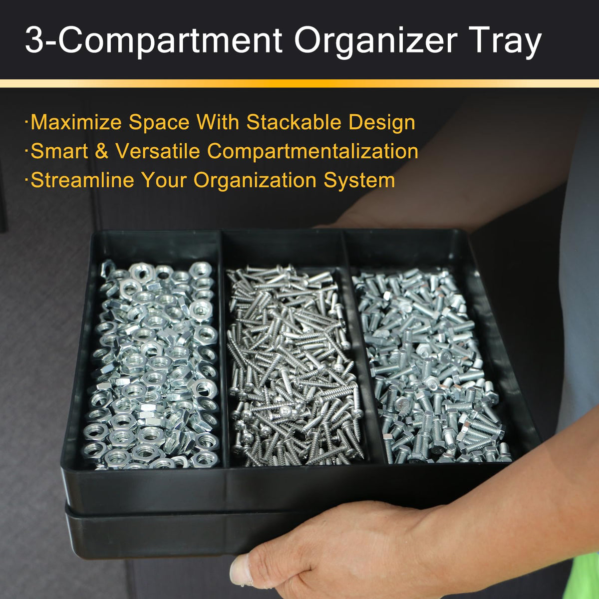 3-Compartment Tool Organizer Tray(1, Black) | Stackable , Heavy Duty, Drawer Organizer Tray, Non-Slip Base, Storaand Organization