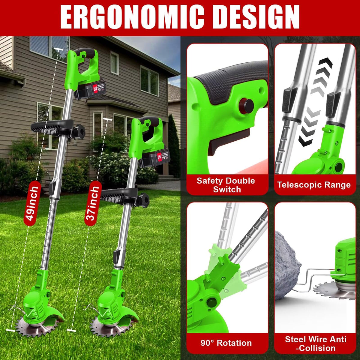 Cordless Weed Wacker with 2 Batteries, Lightweight 21V Weed Trimmer with Wheels, Electric Grass Trimmer, Adjustable Shaft Lawn Tool for Small Yard Tight Spaces