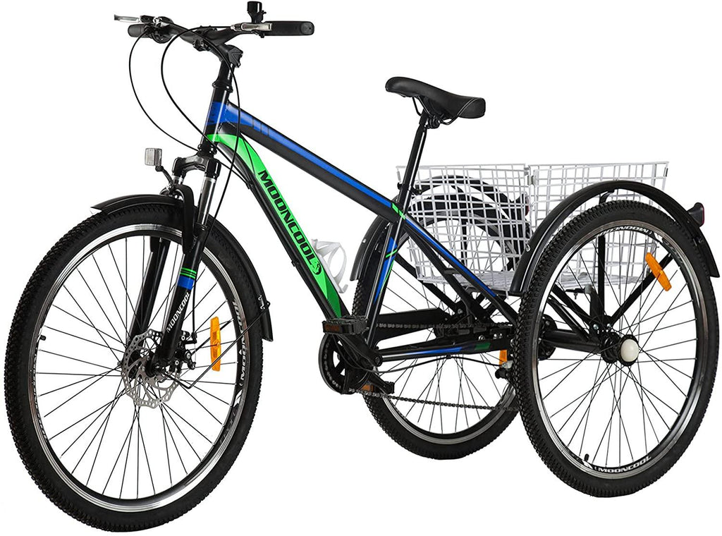 Mountain Tricycle for Adults, 3 Wheeled 7-Speed Mountain Tricycle 24 inch 26 inch Men's Women's Tricycles Cruiser Bike Featuring Disc Brakes, Cargo Basket