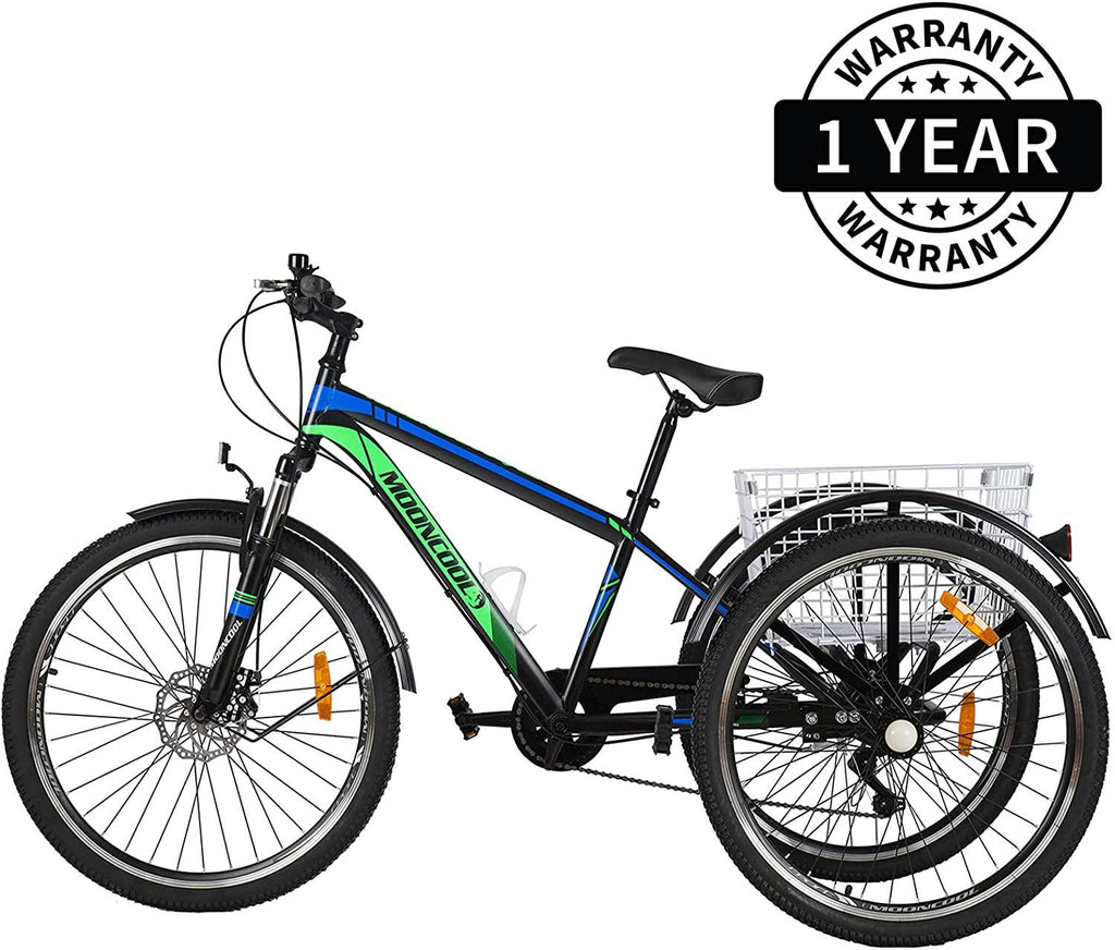 Mountain Tricycle for Adults, 3 Wheeled 7-Speed Mountain Tricycle 24 inch 26 inch Men's Women's Tricycles Cruiser Bike Featuring Disc Brakes, Cargo Basket