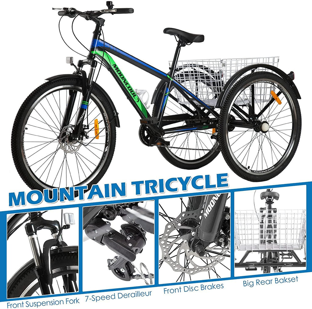Mountain Tricycle for Adults, 3 Wheeled 7-Speed Mountain Tricycle 24 inch 26 inch Men's Women's Tricycles Cruiser Bike Featuring Disc Brakes, Cargo Basket