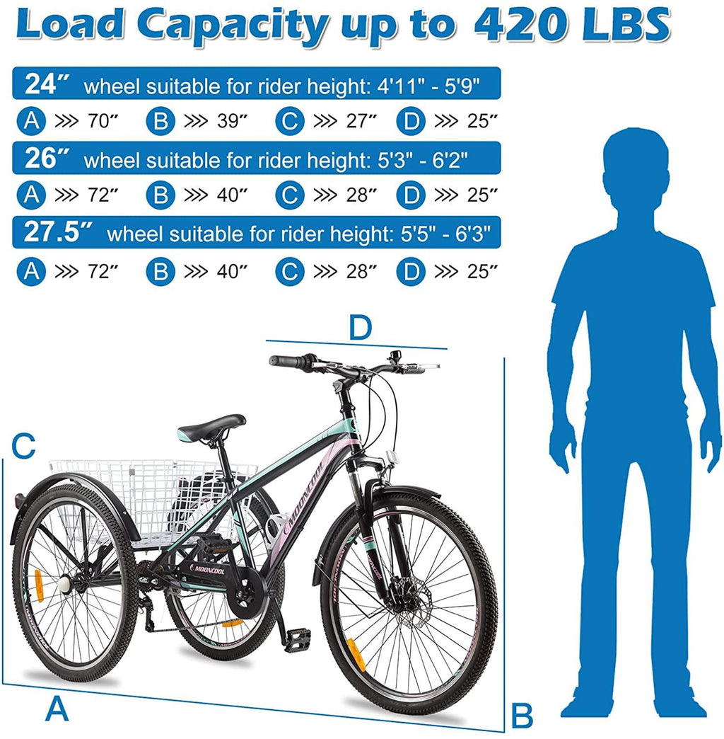 Mountain Tricycle for Adults, 3 Wheeled 7-Speed Mountain Tricycle 24 inch 26 inch Men's Women's Tricycles Cruiser Bike Featuring Disc Brakes, Cargo Basket