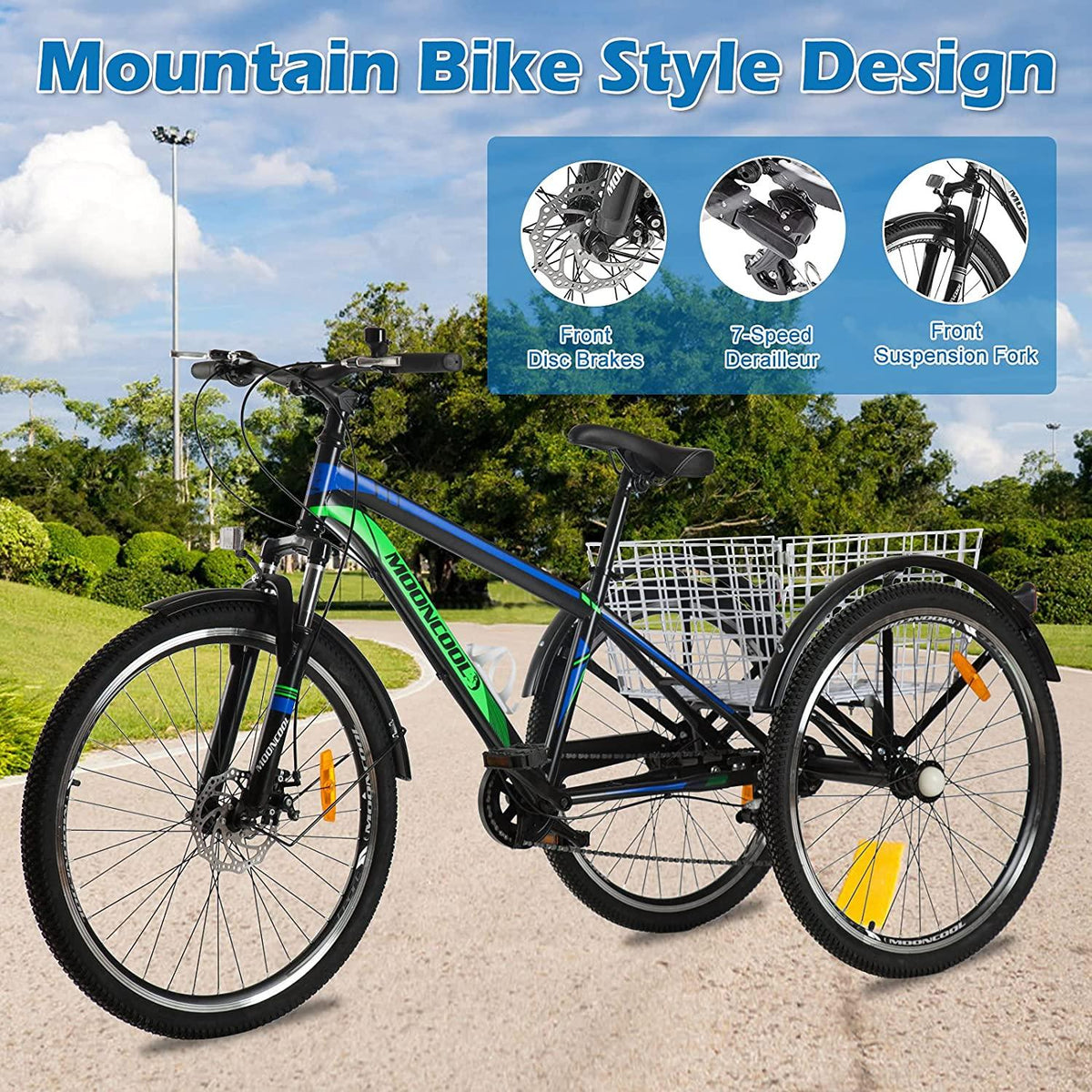 Mountain Tricycle for Adults, 3 Wheeled 7-Speed Mountain Tricycle 24 inch 26 inch Men's Women's Tricycles Cruiser Bike Featuring Disc Brakes, Cargo Basket