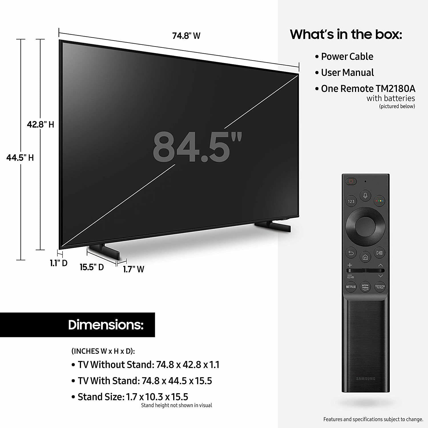 samsung un85au8000 85" au8000 black crystal uhd 4k smart tv- un85au8000fxza