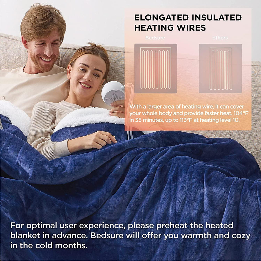 Fleece Electric Blanket Queen - Heated Blanket, 10 Heat Settings Heating Blanket with 10 Time Settings, 8hrs Timer Auto Shut Off, Dual Control (84×90 inches, Navy)