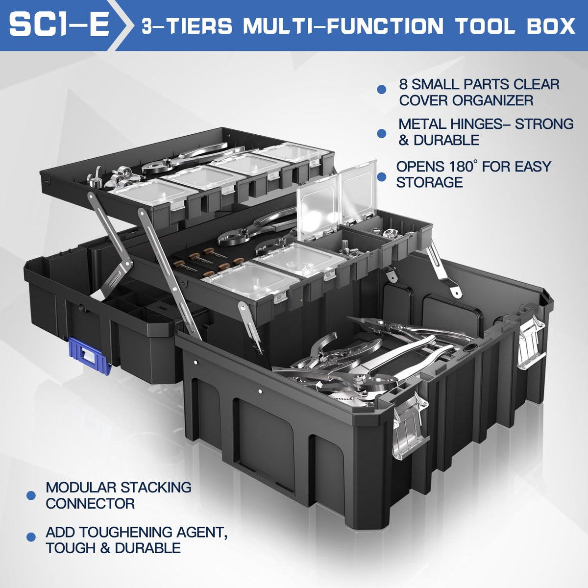 5 Tier Stackable Tool Box with Wheels,Rolling Tool Box with Drawers,Modular Tools Organizer,Portable Tool Box with Transparent Parts Box,LarCapacity Toolbox,for GaraStorage,Home and Repair Shop