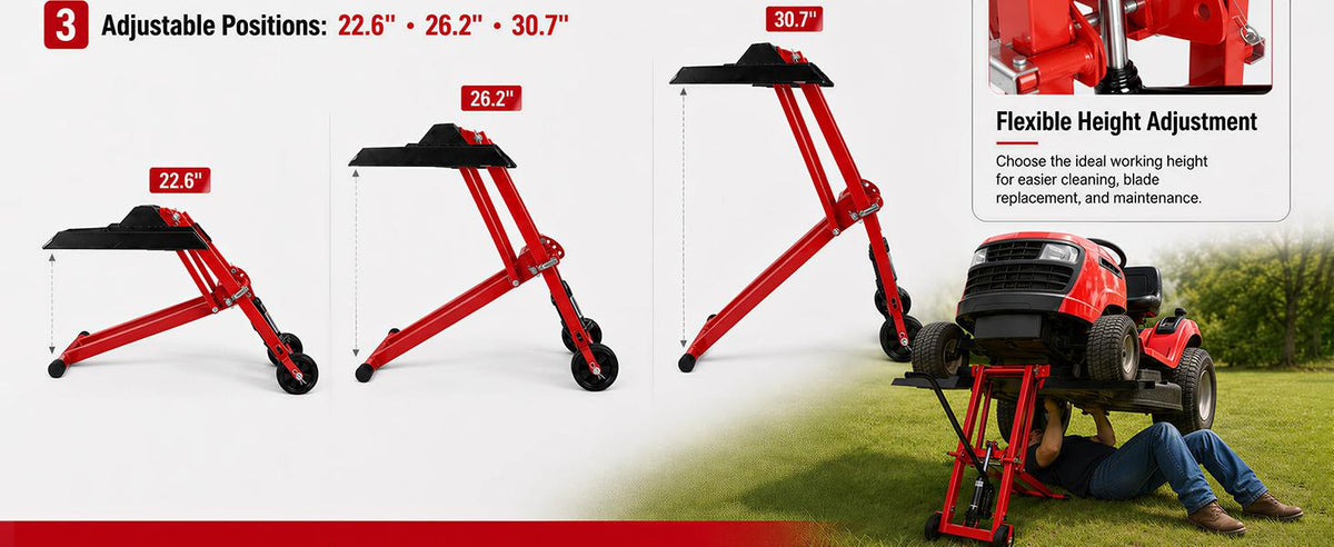 Lawn Mower Jack Lift 500-LB Carbon Steel Manual Crank Adjustable Width Tool | 3-Level Height Adjustment ,4-Level Tire Width Adjustment, Easy Operation Multiple Equipment ,Durable Construction