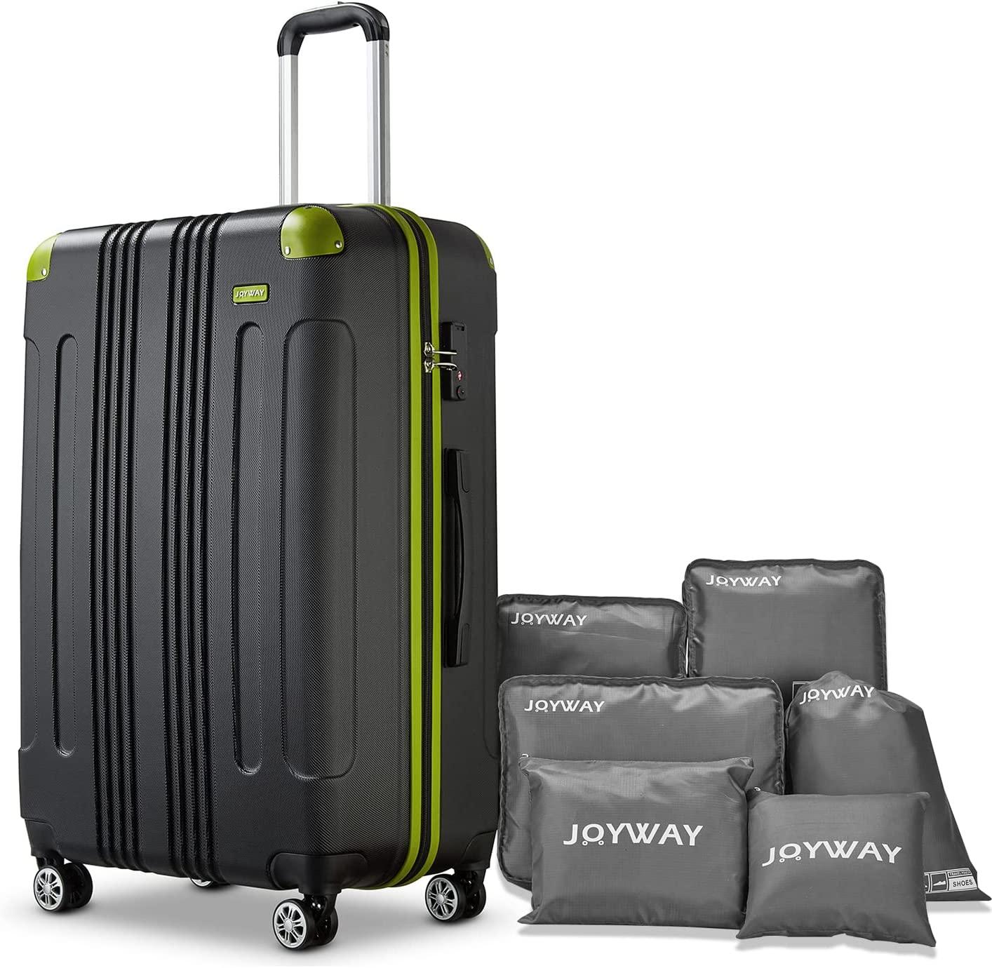 Luggage Suitcase, 7 PCS Luggage with Spinner Wheels ,28 inch Suitcase with TSA Lock, Large Hardside Luggage (Black/Green, 28")