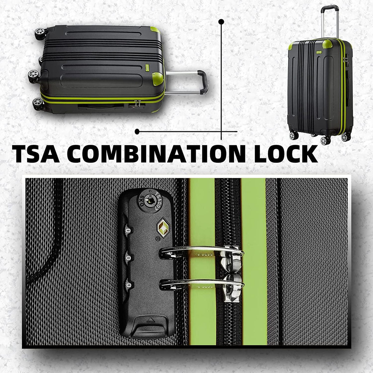 Luggage Suitcase, 7 PCS Luggage with Spinner Wheels ,28 inch Suitcase with TSA Lock, Large Hardside Luggage (Black/Green, 28")