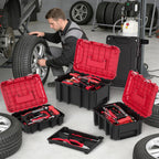 3-in-1 Rolling Tool Box with Wheels,Stackable Modular Tool Organizer System,17" Portable Waterproof Toolbox on Wheels for Garage,Mechanics and Home Repair (Red-Black)