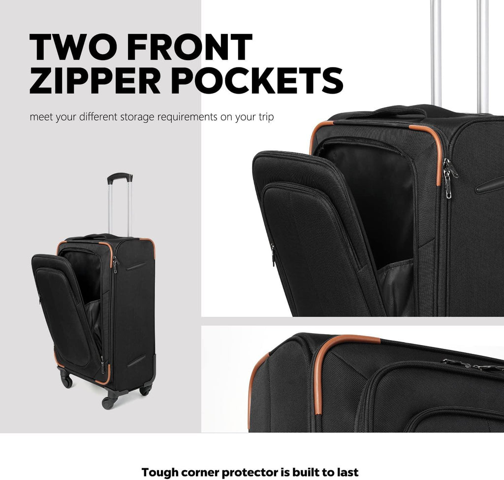 Luggage Set Softshell Lightweight Suitcase with Spinner Wheels, 3 piece Set(20/24/28in) (All Black)