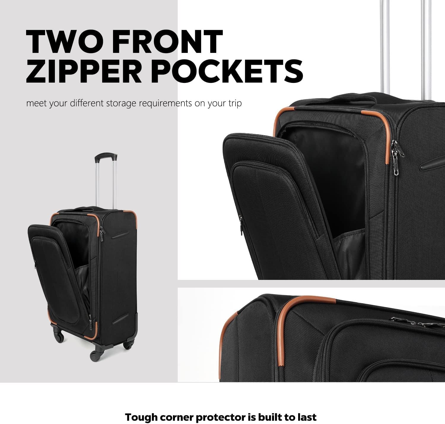 Luggage Set Softshell Lightweight Suitcase with Spinner Wheels, 3 piece Set(20/24/28in) (All Black)