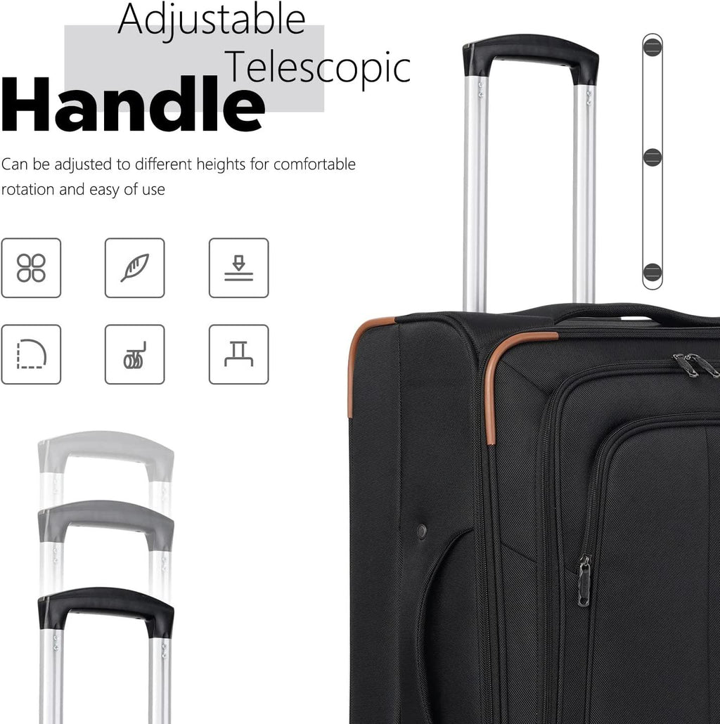 Luggage Set Softshell Lightweight Suitcase with Spinner Wheels, 3 piece Set(20/24/28in) (All Black)