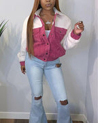 colorblock teddy patch button front corduroy jacket